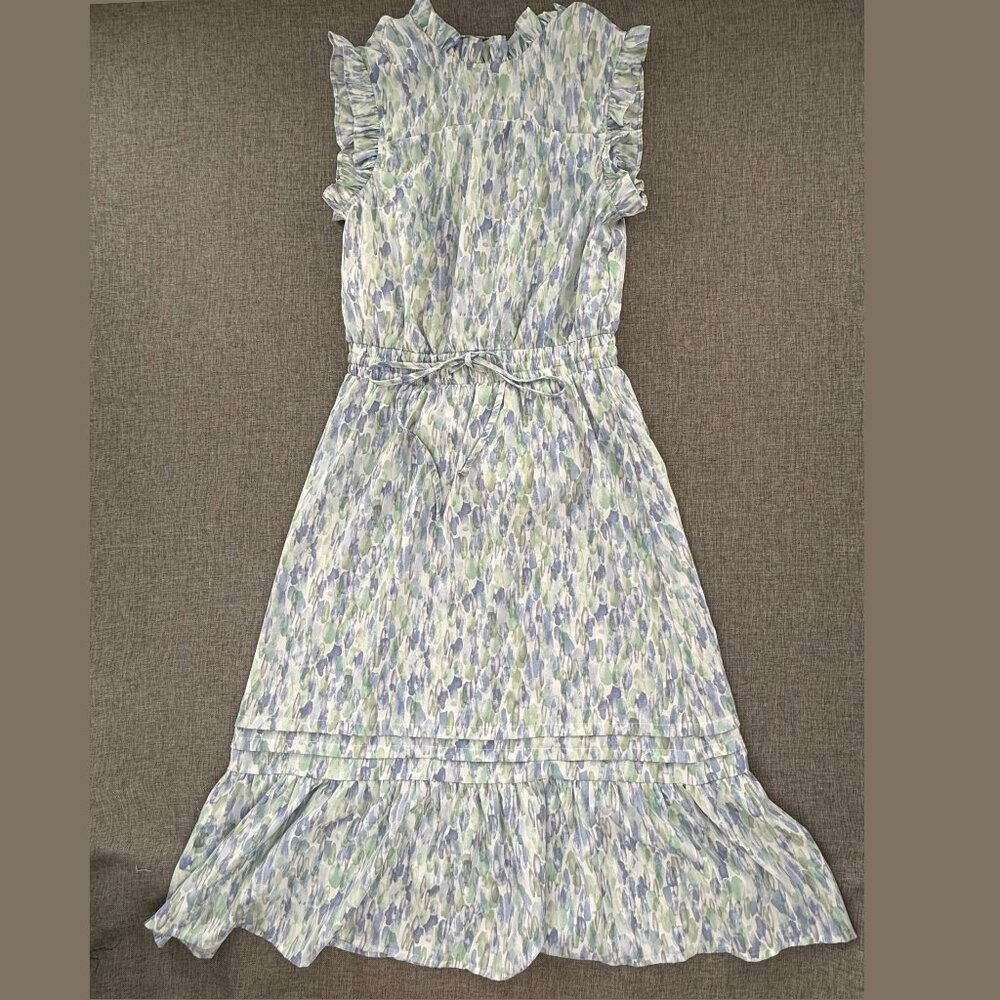 PINCH Midi Dress Watercolor Ruffled Hem Drawstring Tie Small Lined 1970's inspir